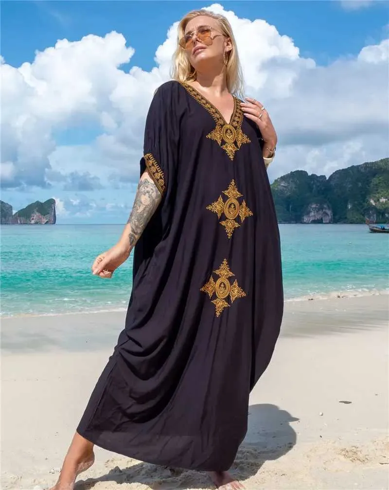 pull up beach dresses Plus Size Women's Surplice Maxi Cover Up Dress by Swimsuits For All in Natural Gold (Size 14/16)