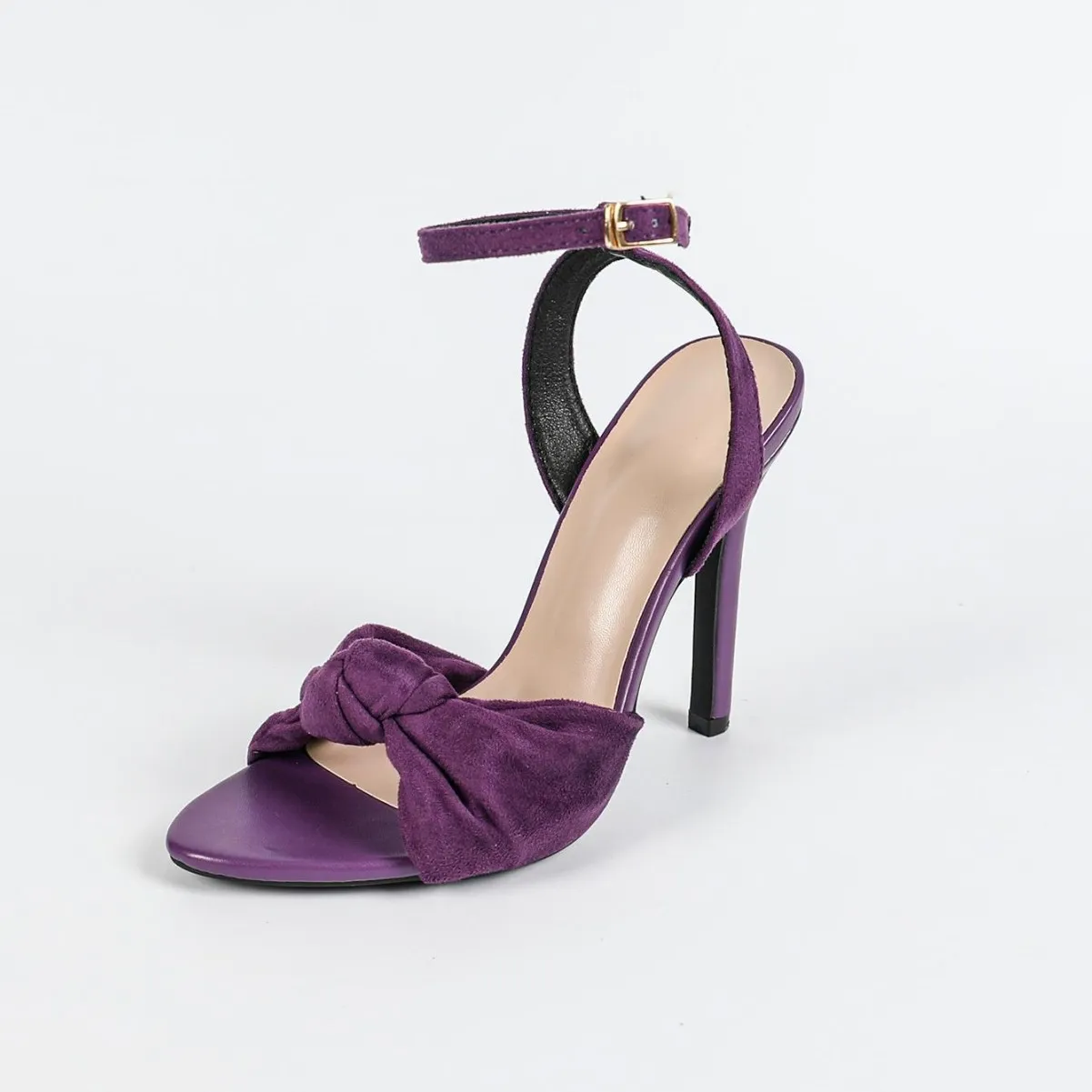 2026 Women's Purple Suede Knot Stiletto Sandals Square Toe Ankle Strap High Heels For Party Prom_voghion.com