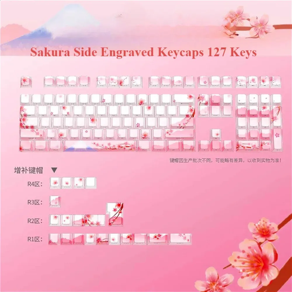 Pink Cherry Blossom White And Pink Keycaps With Engraved Translucent ...
