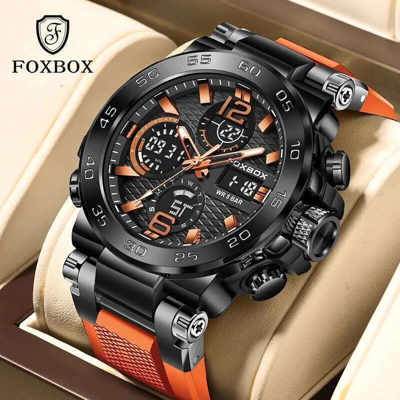 FOXBOX Mens Dual Display Military Sports Watch with Orange