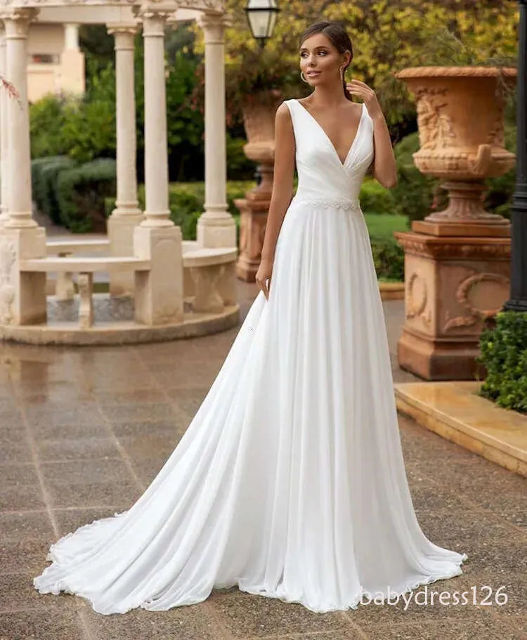 simple v neck a line wedding dress Simple A-line Chiffon Slit Deep V-neck Backless Wedding Dresses, FC2558