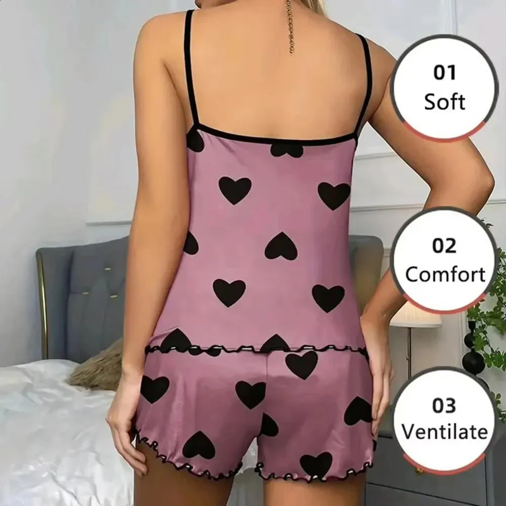Women Shorts Pajamas Set Pink Heart-Shaped Print Round Neck Acrylic ...