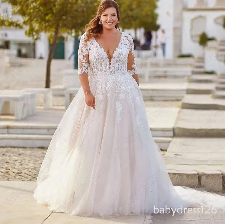 plus size wedding dress lace up back Plus Size A-Line Wedding Dress with Lace-Up Back and Half Sleeves, Applique  Tulle Bridal Gown
