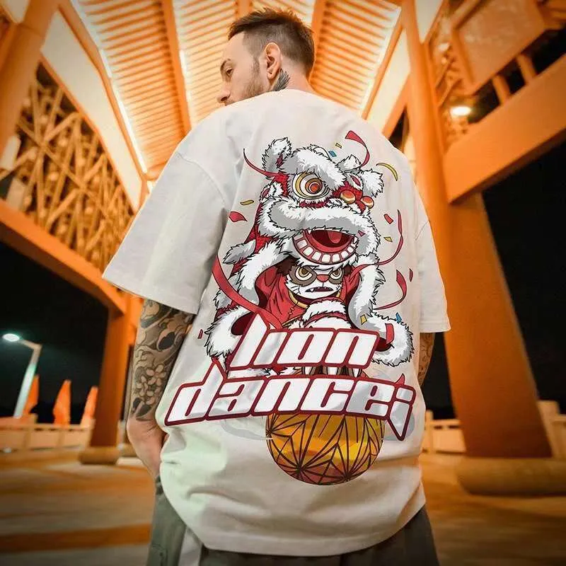 Chinese Style Lion Dance T-Shirt For Men, Plus-Size, Brand, Short-Sleeved, Pure Cotton, Loose Fit, Large Size, Half-Sleeve, Trendy Five-Quarter Sleeve Asia Size