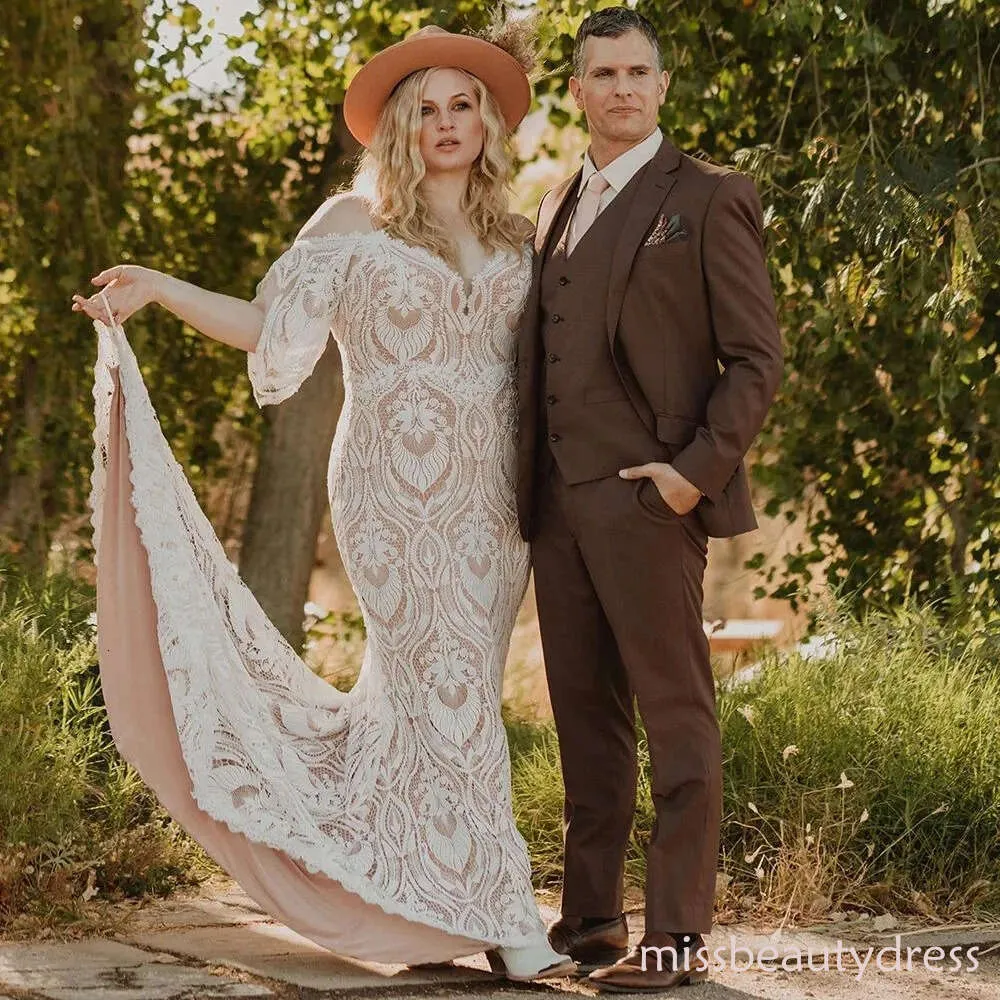 boho flutter sleeve wedding dress Short Flutter Sleeve Ivory Lace Bohemian Wedding Dress