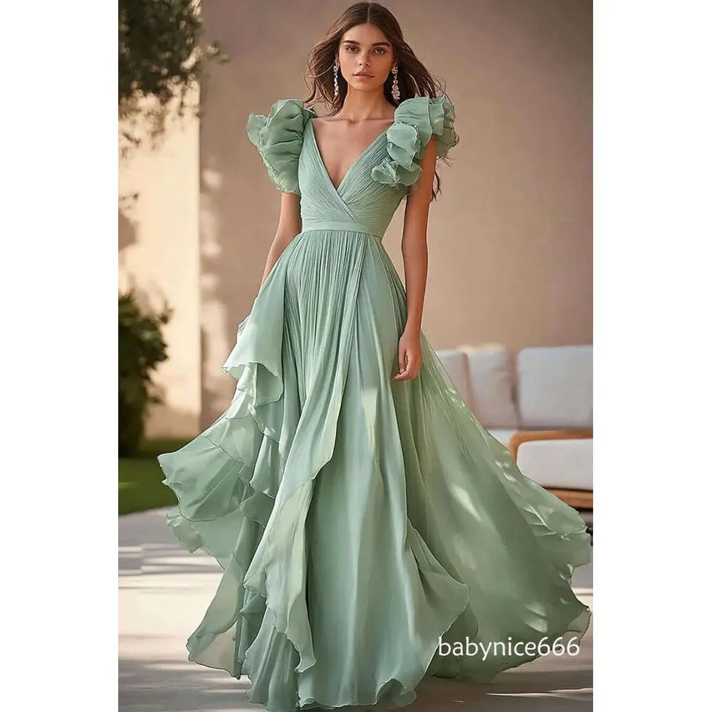 Sexy Green V-Neck A-Line sage Green evening dress with Alliques and Sweep Train for Women - Perfect for Banquets, Parties, Proms, and Bridesmaids (