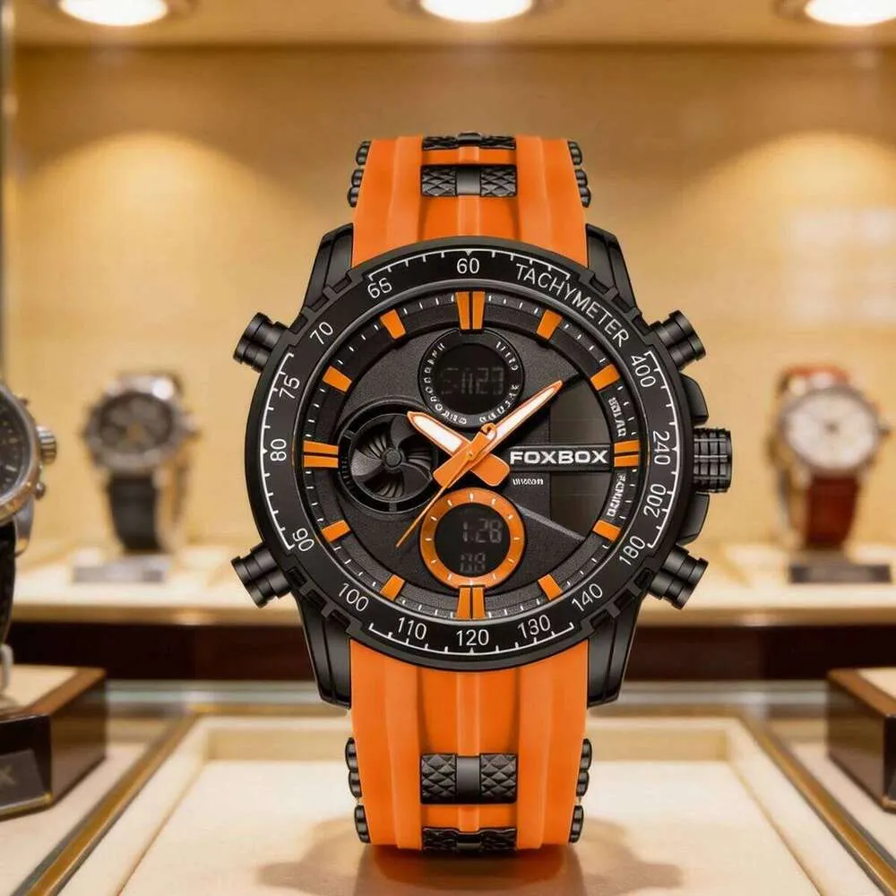 FOXBOX Men's Quartz Dual Display LED Wristwatch with Orange