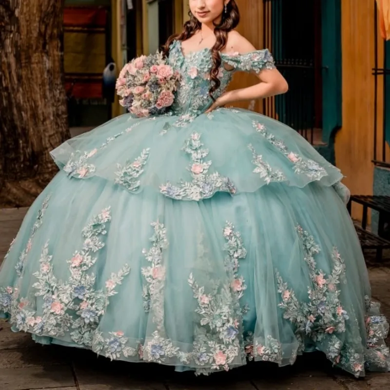 aqua blue sweet sixteen dresses Aqua Blue vestidos de 15 anos Luxury Quinceanera Dress 2026 Appliques Lace Beads Princess Ball Gowns Sweet 15 16 Dresses