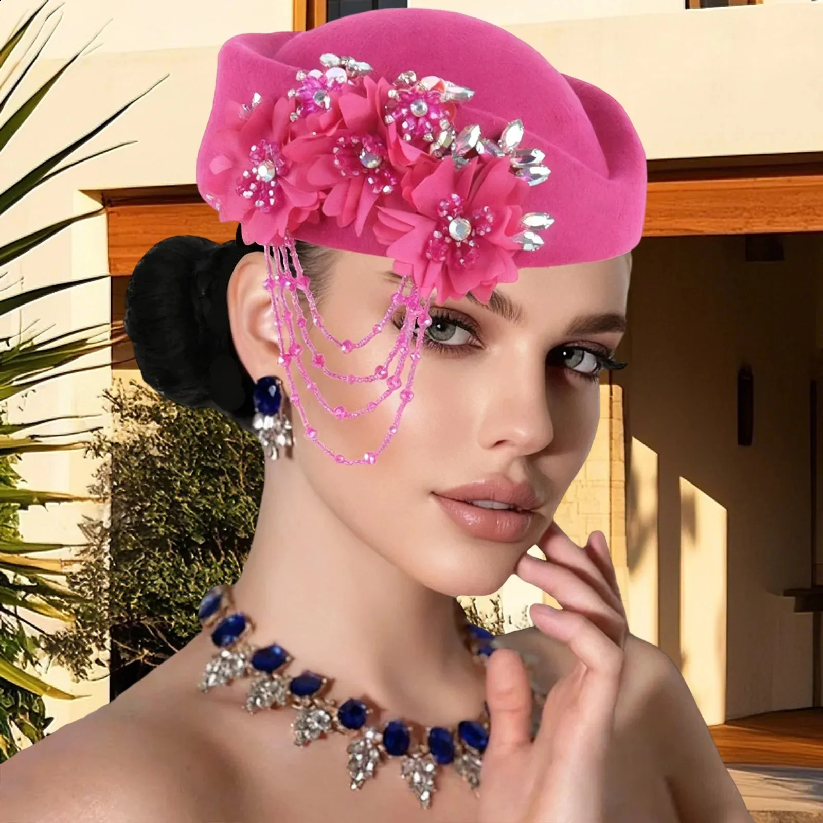 Elegant Pink Embellished Women\'s Hat Vintage Pink Rhinestone Captain Palace Hat For Women... From  main image 3