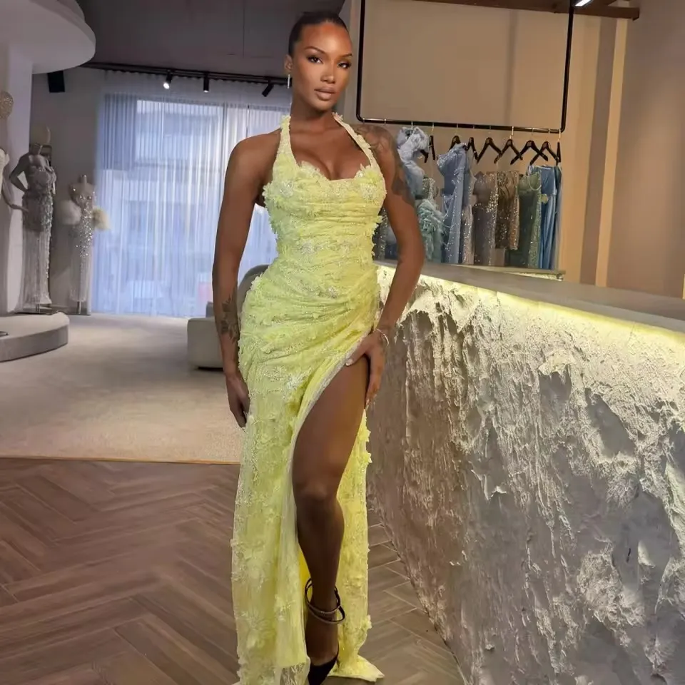 yellow lace halter dress Yellow Lace Halter Neck Sleeveless Mermaid Long Formal Dress With Ruffles