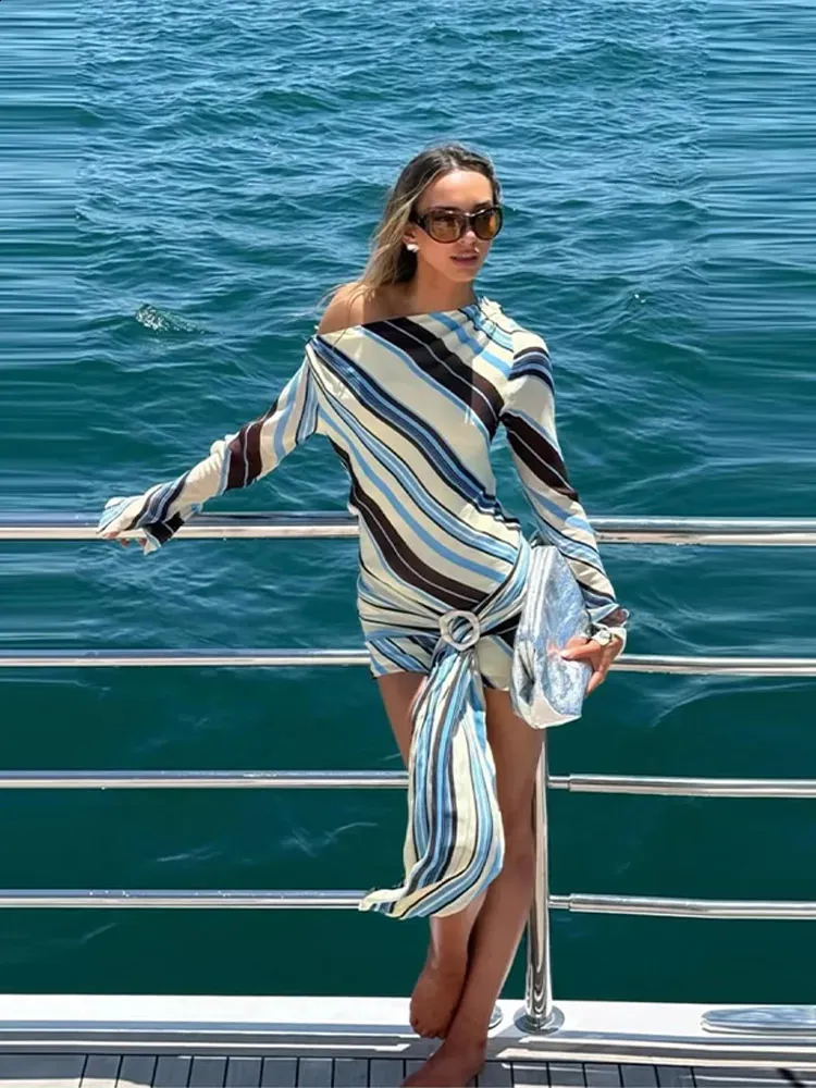 one shoulder striped dress Blue and White Striped Dress - Tiered Dress - One-Shoulder Dress