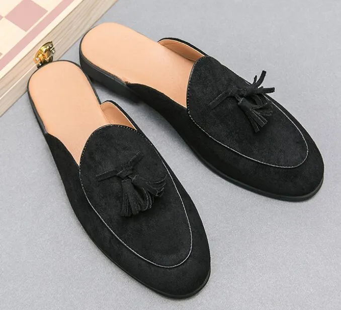 Luxury Men's Designer Dress Loafers Suede Half Slippers with Buckle Strap and Flat Heel Luxury Men's Designer Dress Loafers Suede Half Slippers with Buckle Strap and Flat Heel