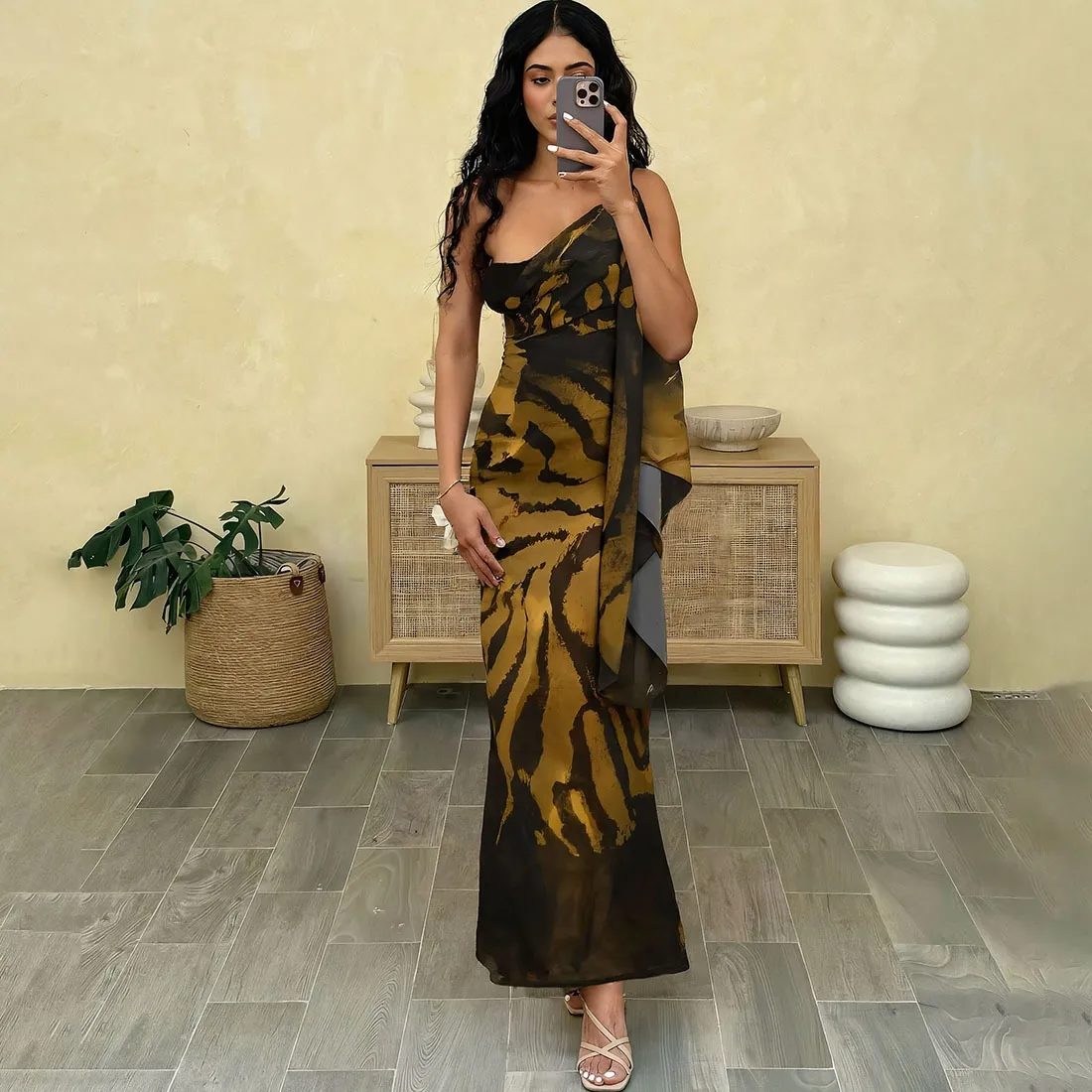 tiger satin dress Brown Satin Tiger Print Trim Strap Maxi Dress