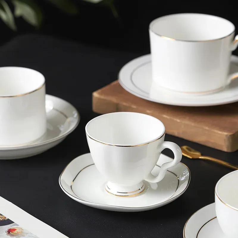 Bone China Coffee Cup Set - Gold Edged English Flower Ceramic Mug with  Saucer - 12 oz Business Coffee Utensils