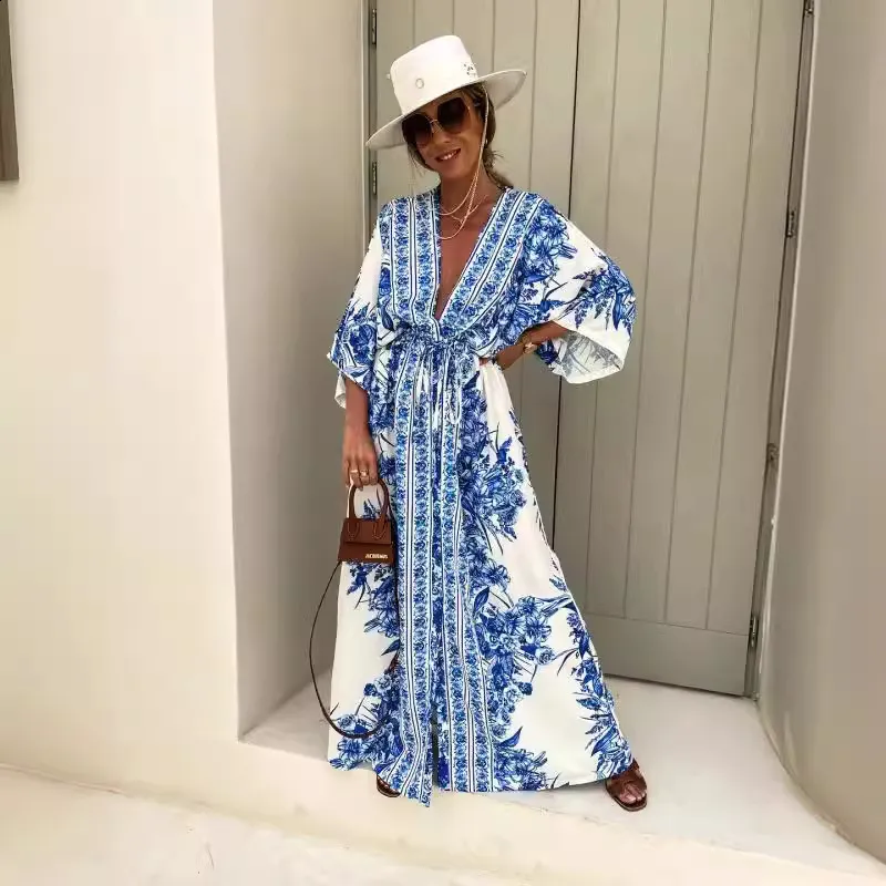 chinese dress ladies Elegant Black Satin Multi-Color Floral Print Cut Out Ruffle V-Neck Side Slit Maxi Dress with Bell Sleeve L / Black