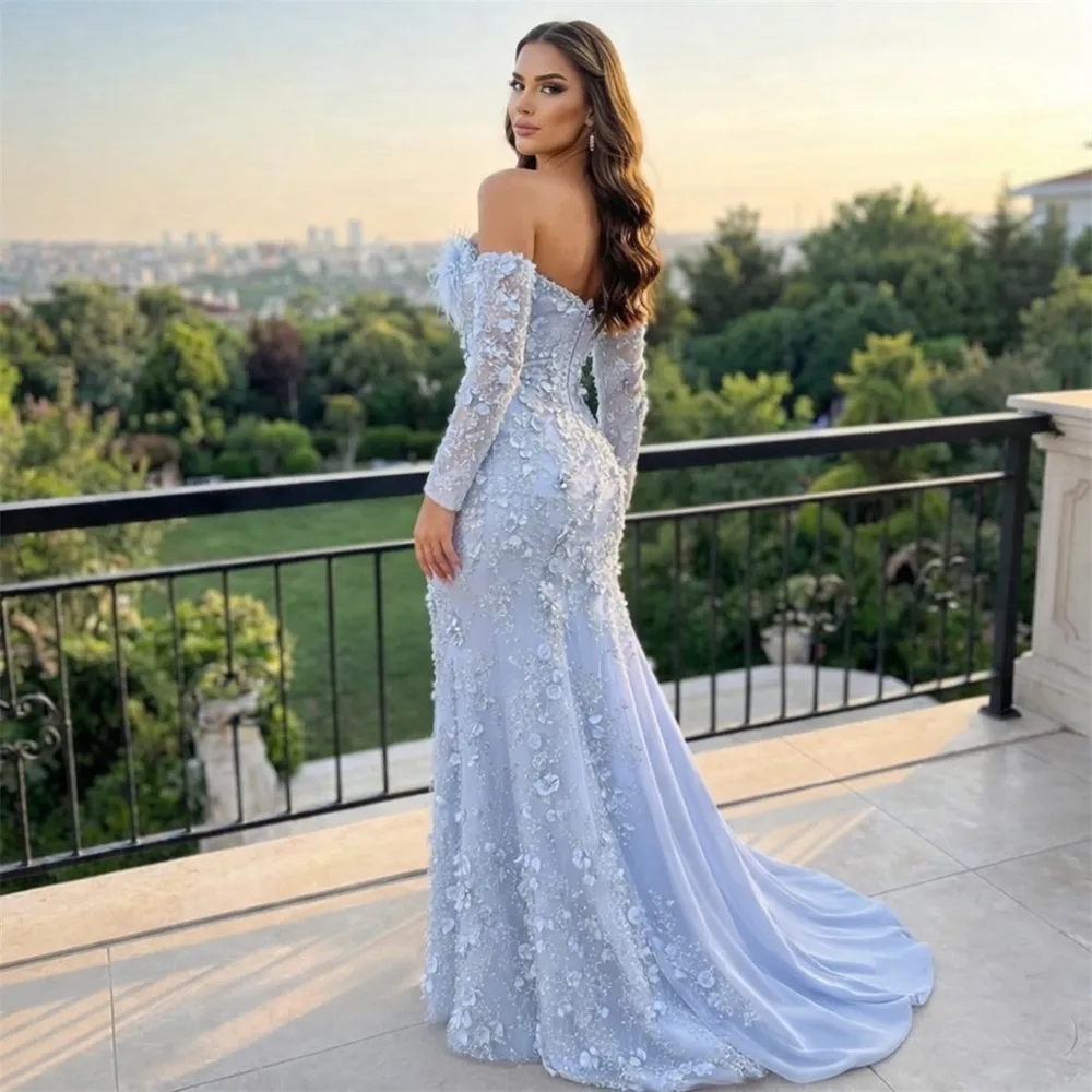 Sky Blue Flower Applique Evening Dress Long Sleeves Detachable Train Party  Gowns