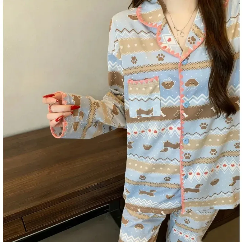Cartoon Kawaii Dog Print Acrylic Pajamas Set Women Blue Striped Long ...