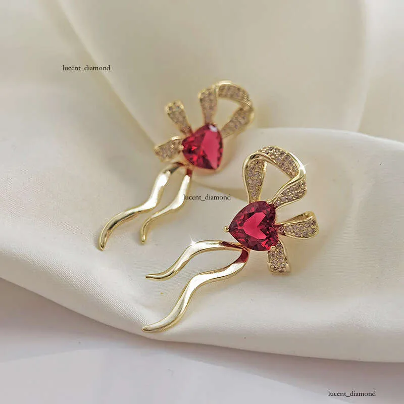 French Romantic Ruby Heart Shaped Bow Earrings High End Niche Style Trending_voghion.com
