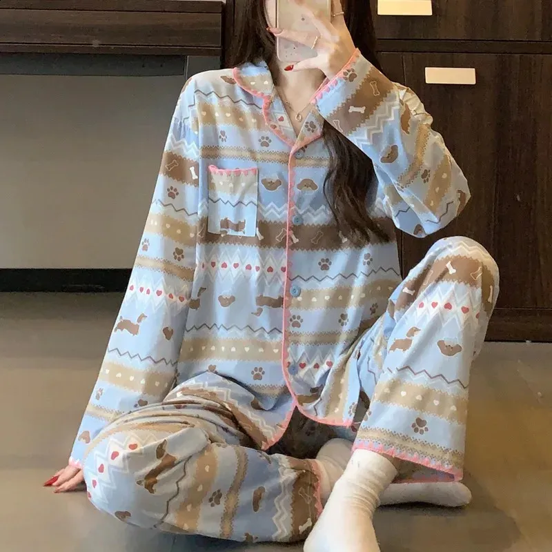 Cartoon Kawaii Dog Print Acrylic Pajamas Set Women Blue Striped Long ...
