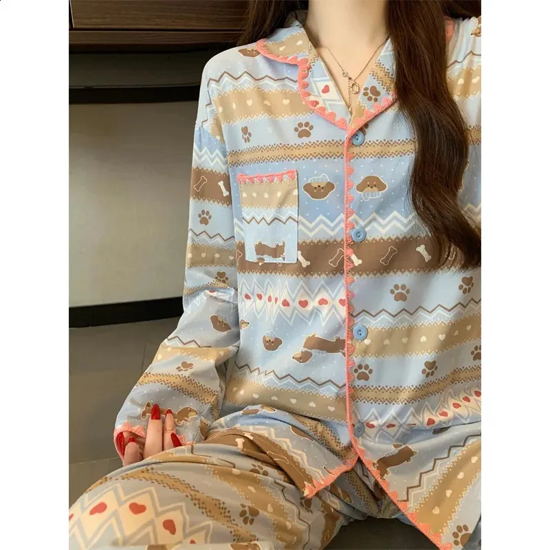 Cartoon Kawaii Dog Print Acrylic Pajamas Set Women Blue Striped Long ...