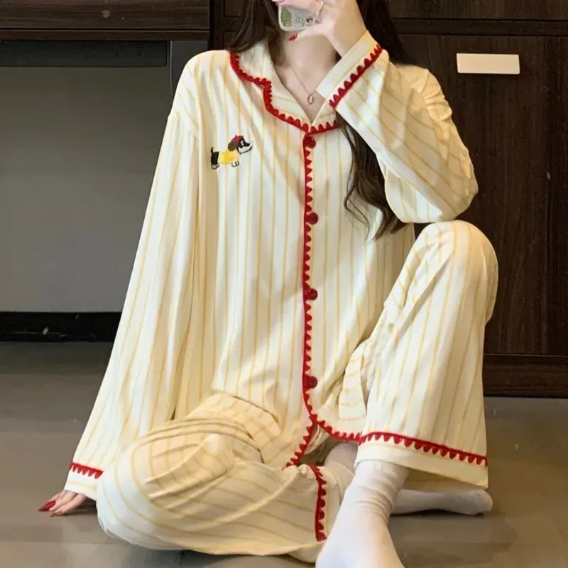 Cartoon Kawaii Dog Print Acrylic Pajamas Set Women Blue Striped Long ...