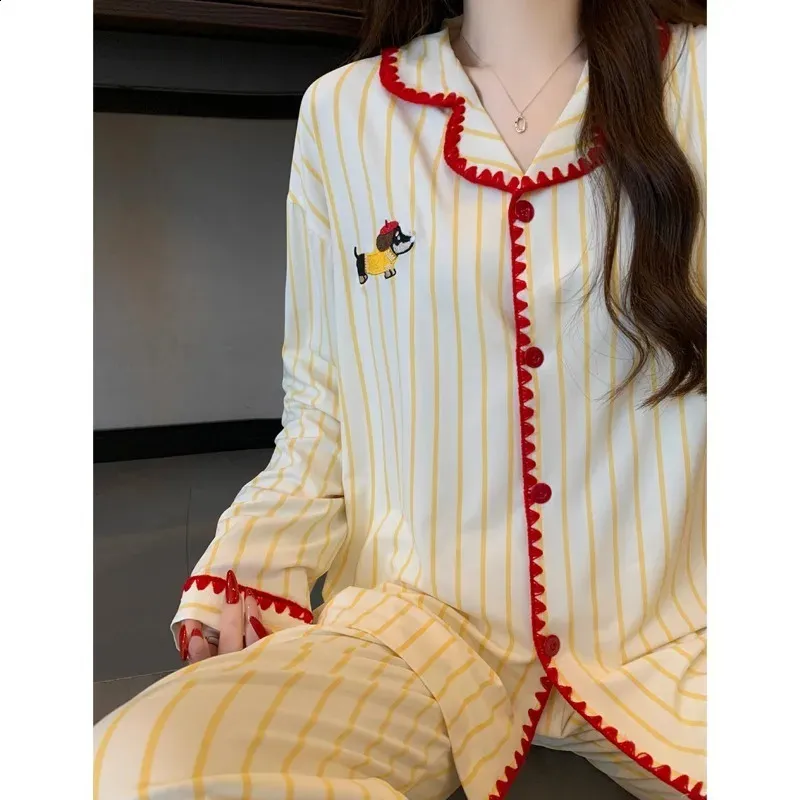 Cartoon Kawaii Dog Print Acrylic Pajamas Set Women Blue Striped Long ...