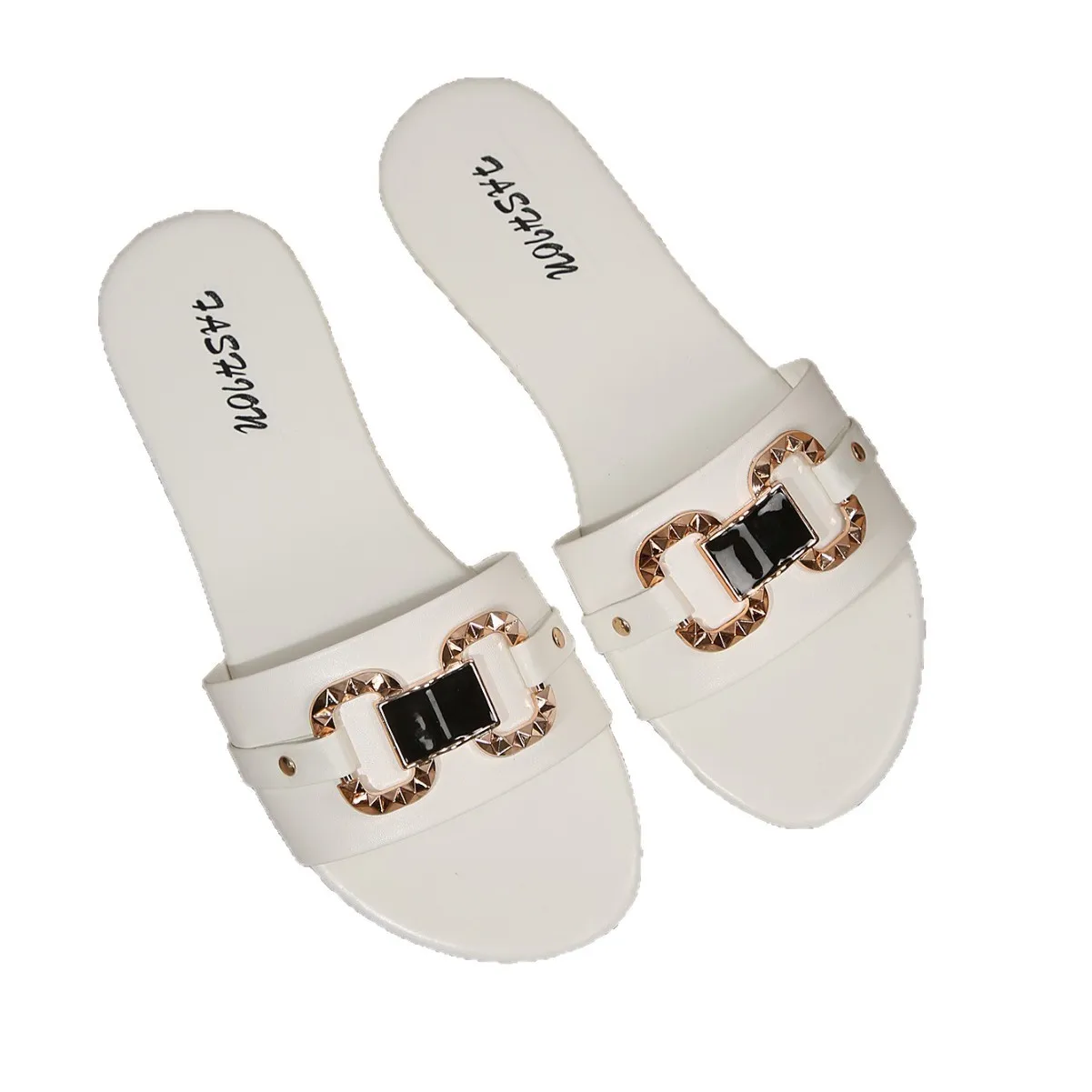 Wholesale Women's Shoes New Solid Color Metal Decor Round Toe Flat Sandals Classic Elegant All Match Fashion Slippers 36_voghion.com