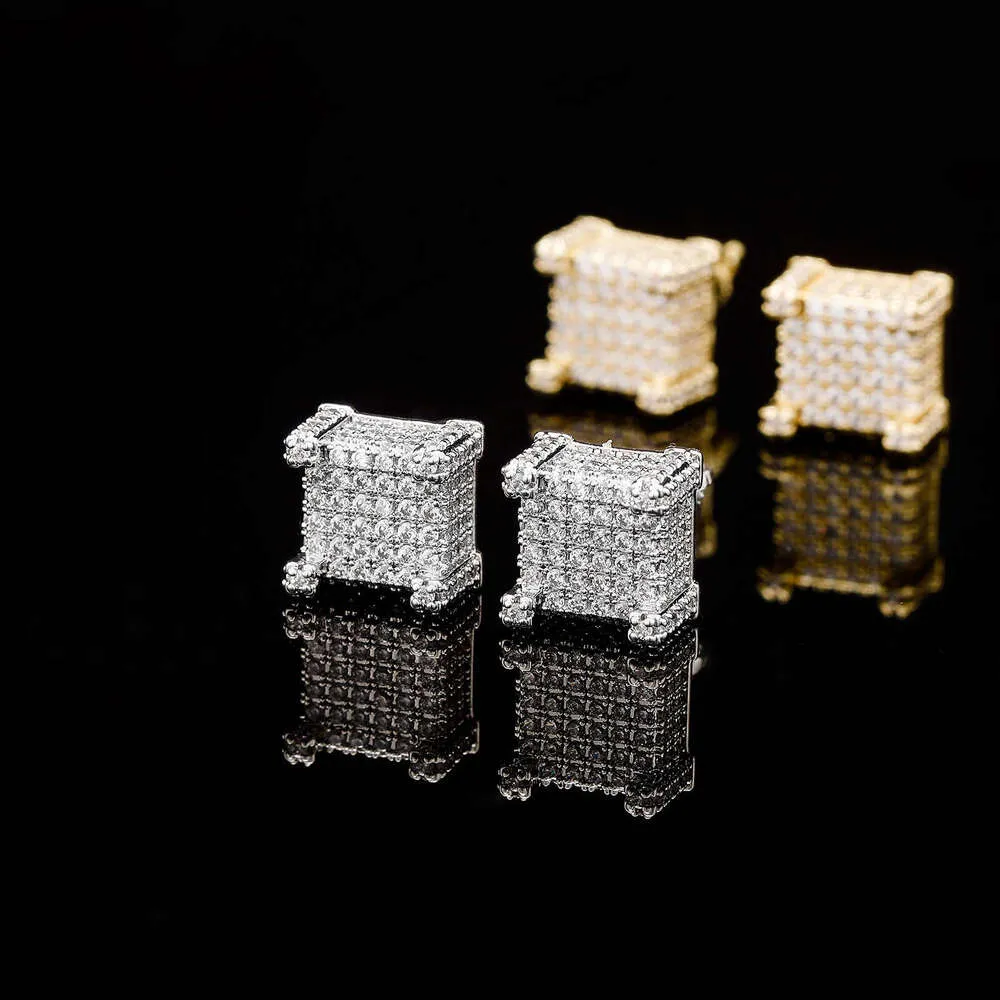 S925 Sterling Silver Square Three Dimenional Moianite Stud Jewelry Style Peronality Hip Hop Uniex Veratile_voghion.com