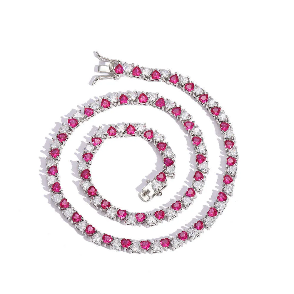 Mixed Style Necklace Jewelry Hip Hop Tennis Chain Silver Inlaid With Moissanite Heart Shaped Colorful Tennis Chain_voghion.com