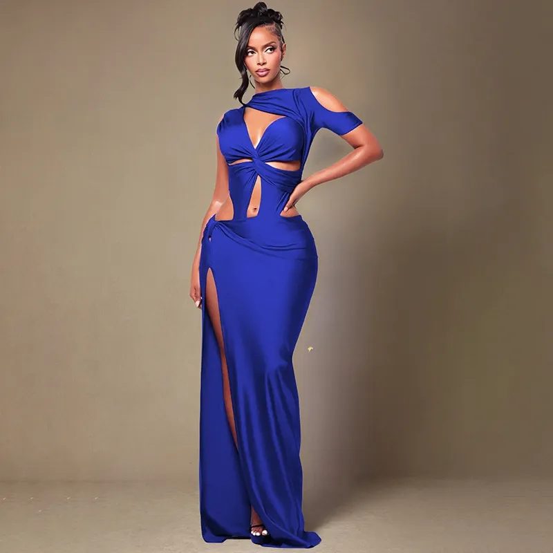 Long sleeve high slit floor-length polyester dress with square neck and  empire waistline for parties