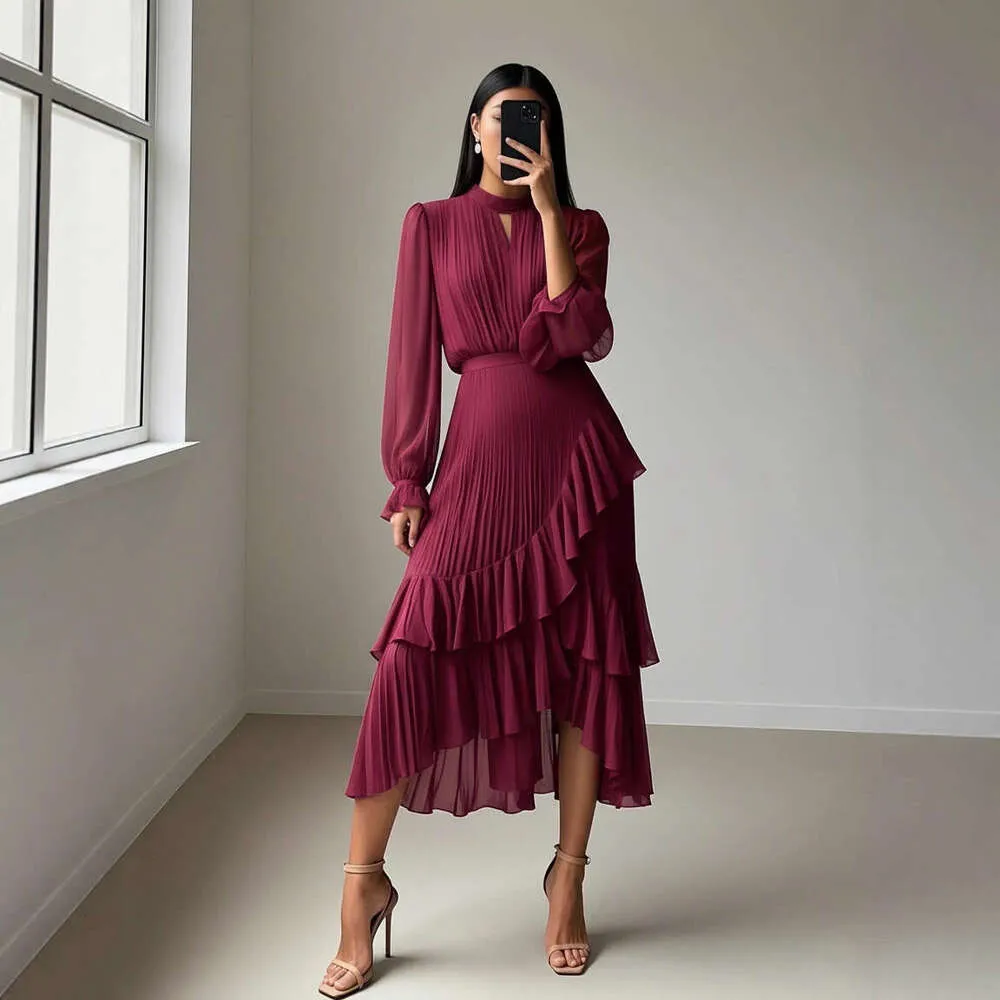 Designer Solid Color Pleated Midi Dress With Ruffled... From Cocosang, Rs.3,585.43