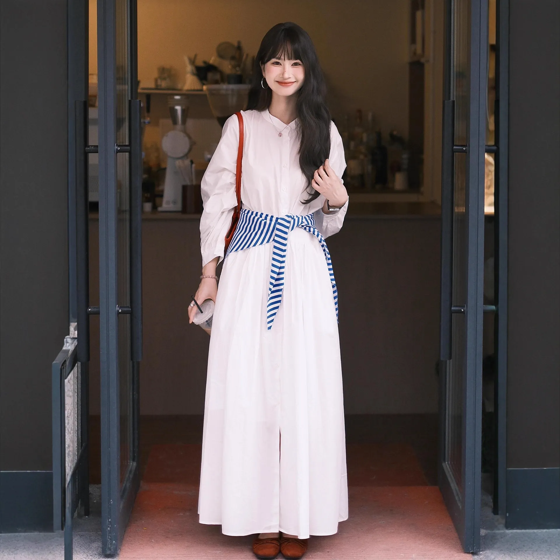 French-style White Faux Leather Long-sleeve Shirt Dress for Women with ...