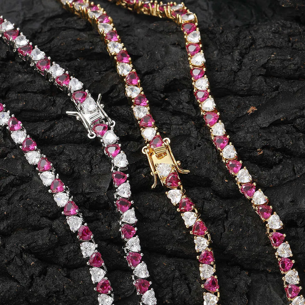 Mixed Style Necklace Jewelry Hip Hop Tennis Chain Silver Inlaid With Moissanite Heart Shaped Colorful Tennis Chain_voghion.com
