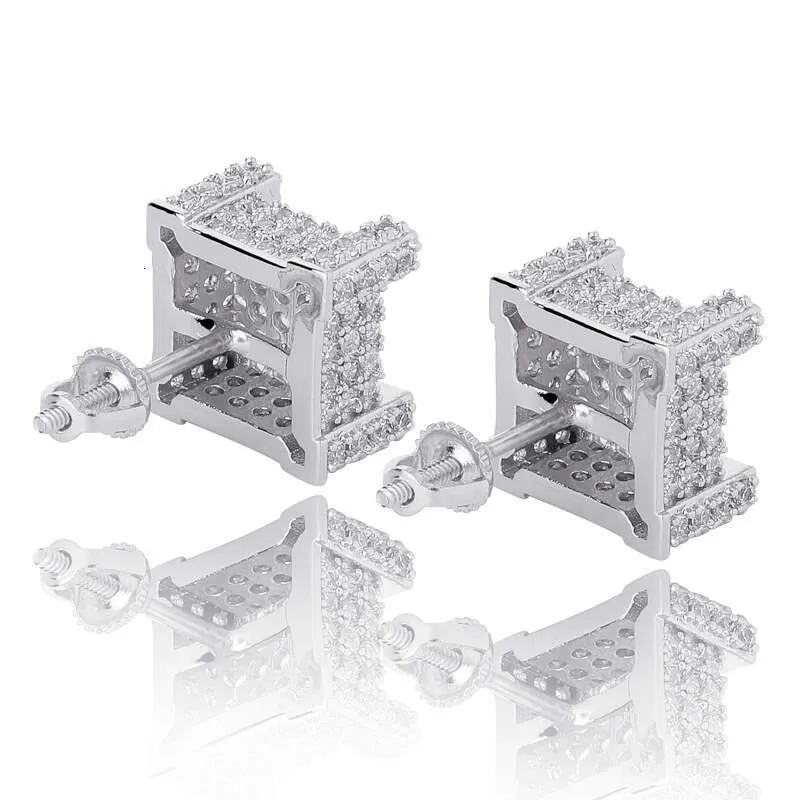 S925 Sterling Silver Square Three Dimenional Moianite Stud Jewelry Style Peronality Hip Hop Uniex Veratile_voghion.com