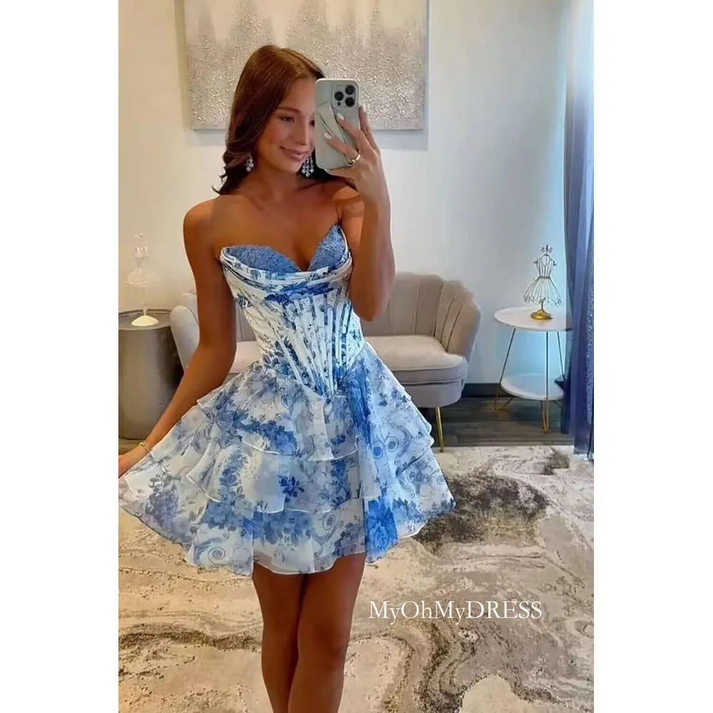 Floral Tiered Short Strapless Chiffon Prom Dress,... From Missdressprom, Rs.5,043.02