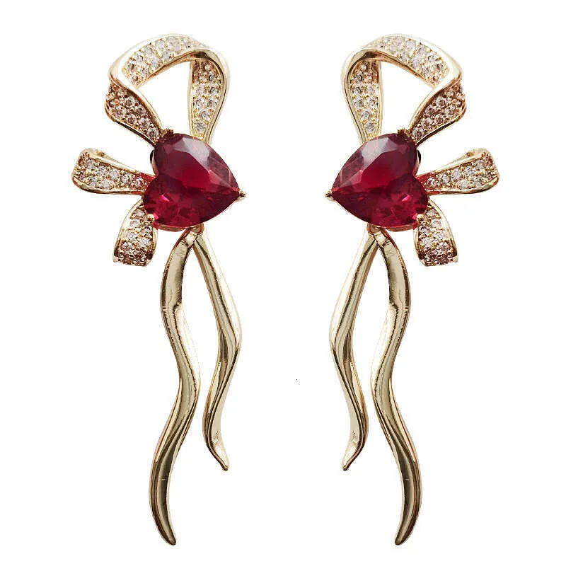 French Romantic Ruby Heart Shaped Bow Earrings High End Niche Style Trending_voghion.com