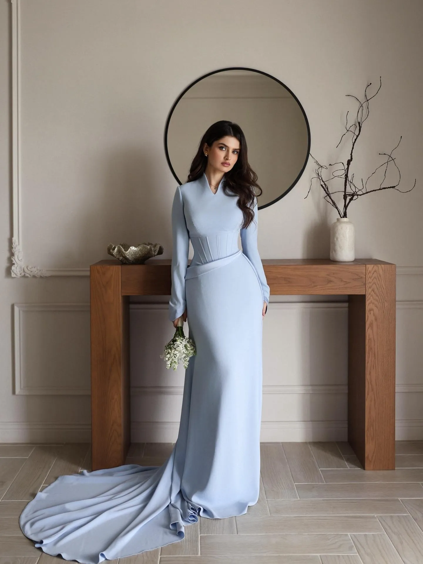 long red evening dress Rose Gold Silver Prom Dress, Long Sleeves Dubai Evening Dresses, Musli –  Frisco Dresses main image 0