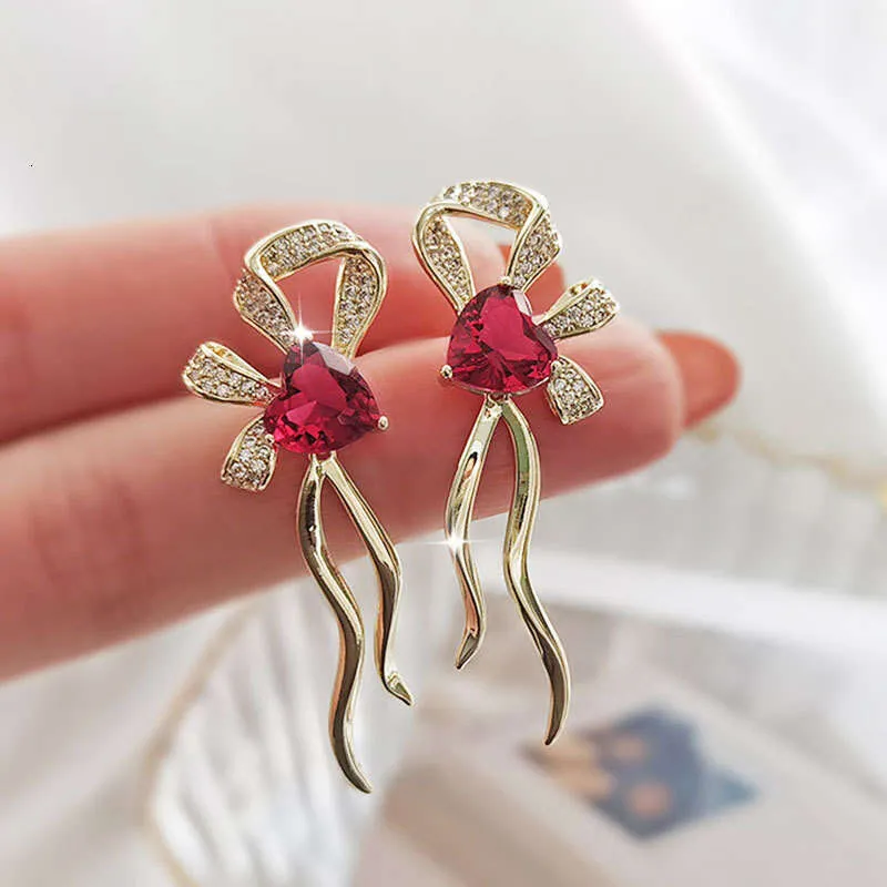 French Romantic Ruby Heart Shaped Bow Earrings High End Niche Style Trending_voghion.com