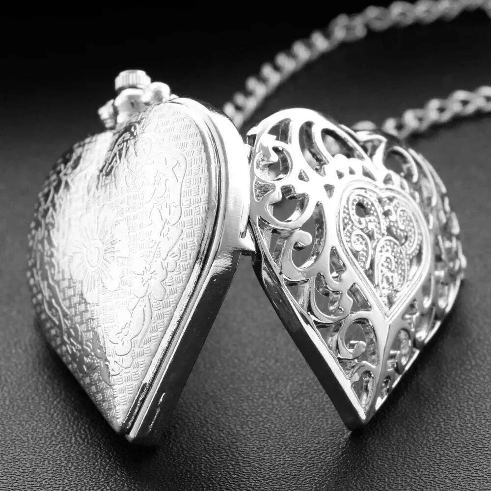 Quartz Hollow Heart Silver Steampunk Pocket Watch with Blue  display picture 3