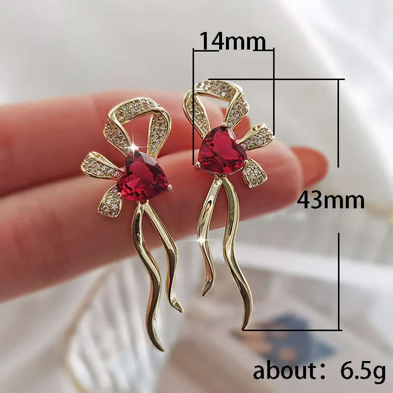 French Romantic Ruby Heart Shaped Bow Earrings High End Niche Style Trending_voghion.com