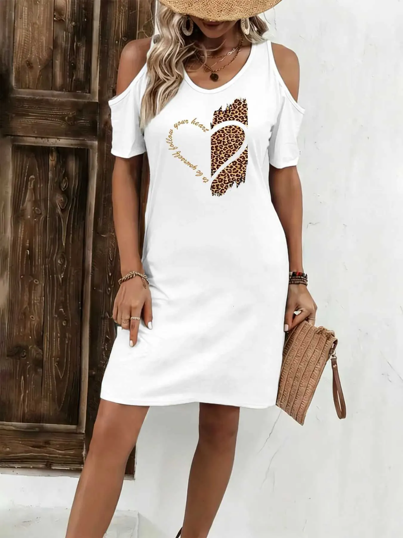 Summer Sexy Off-Shoulder T-Shirt Dress Heart Theme Print Loose Casual Dress  C260323