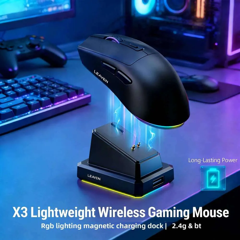 Mouse Gate Computer Dual-Mode Wireless Mouse with Magnetic Charging Dock and RGB Backlit, 3 ...