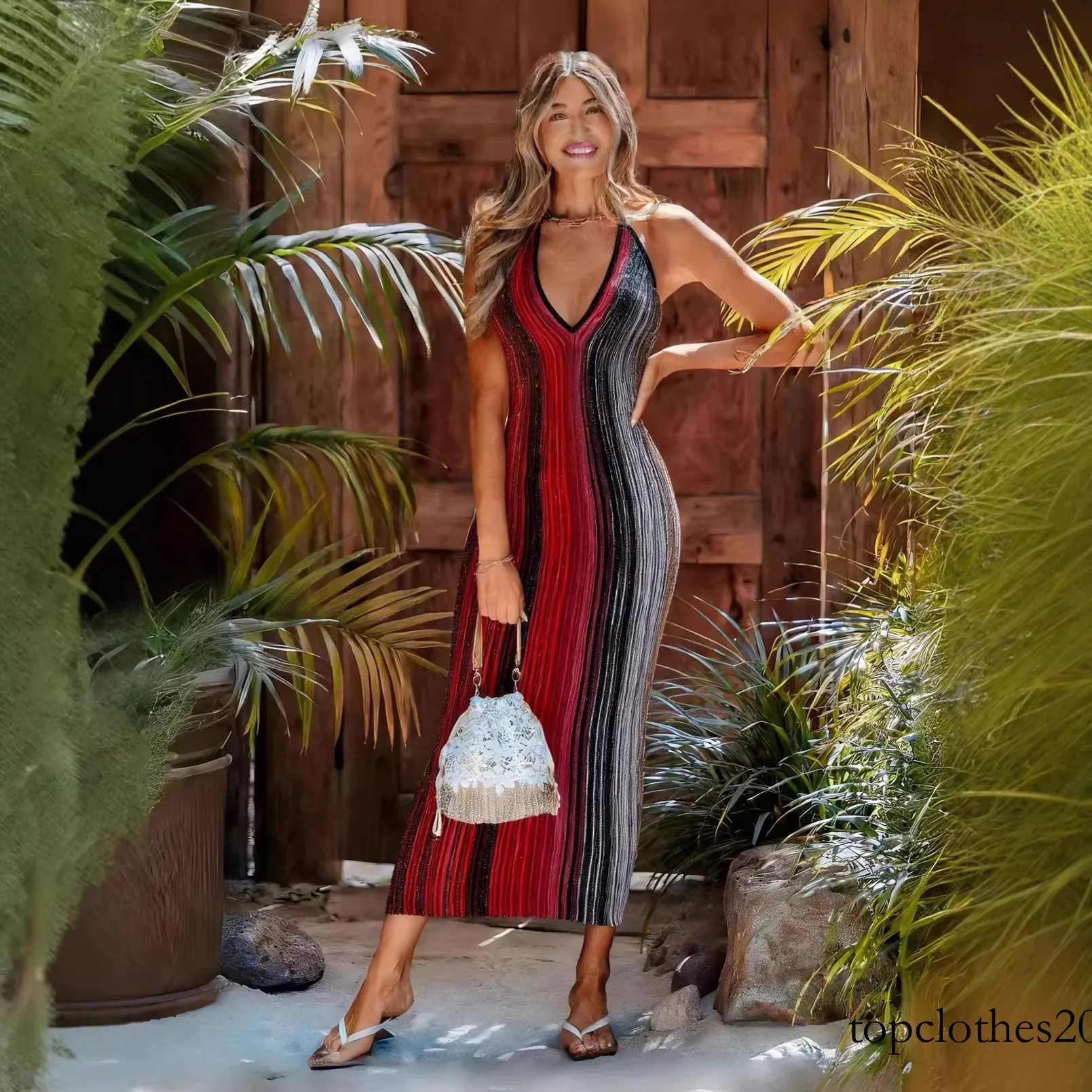 Designer pleated knee-length dress with striped polyester and gold thread accents, halter collar, empire waist, sleeveless cap sleeves from Dhgate Urban Sexy Dresses