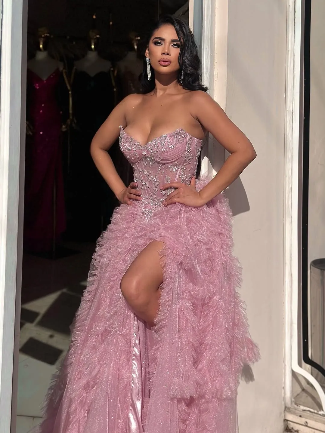 High-end Womens Evening Dresses - Pink Sweetheart Neckline, Flower Ruffles, Side Split, Floor-Length Prom Gowns - Customized Luxury Formal Wear High-end Womens Evening Dresses - Pink Sweetheart Neckline, Flower Ruffles, Side Split, Floor-Length Prom Gowns - Customized Luxury Formal Wear