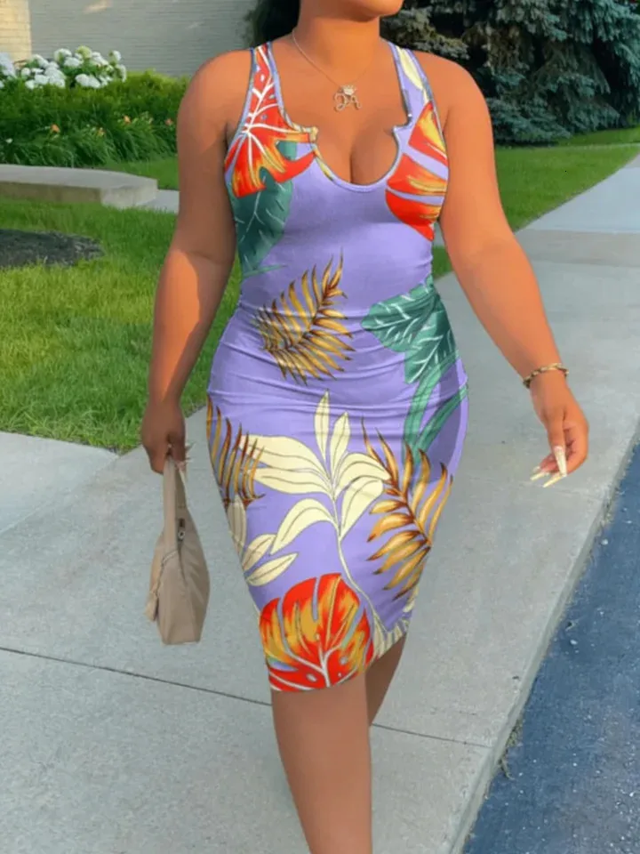 bodycon plus size vacation dress Plus Size Sleeveless Chiffon Midi Dress U Neck Tropical Print Casual Beach  Spring Summer from Dhgate Basic & Casual Dresses