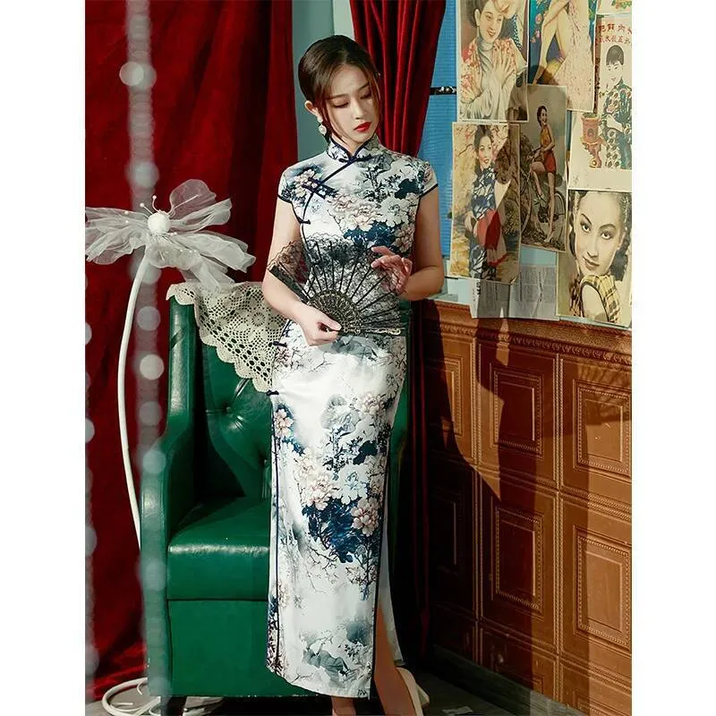 asian style maxi dress Chinese Style Maxi Dress Elegant Short Sleeve Princess Dress
