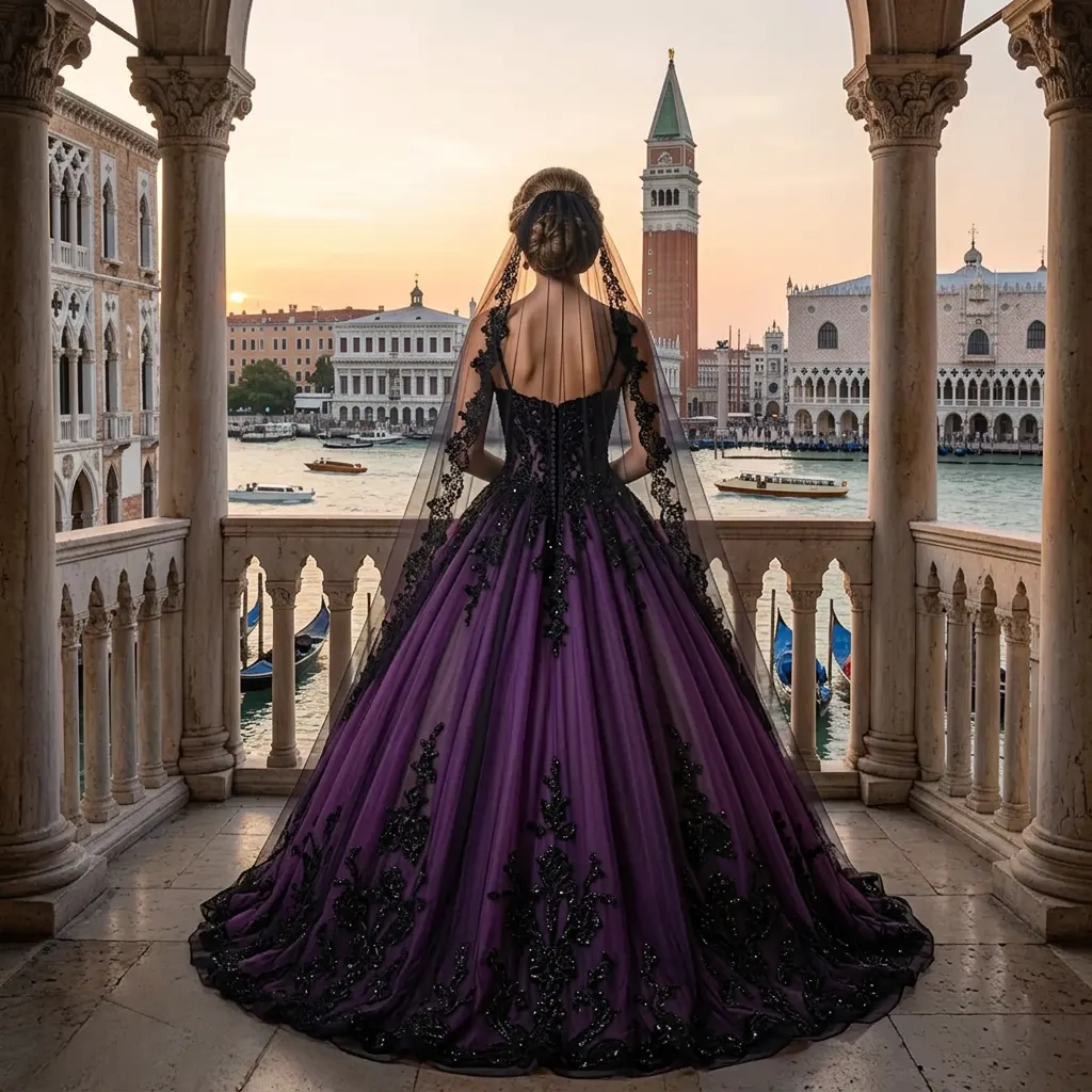gothic purple and black wedding dress Rayne Black Lace Gothic Wedding Dress: Purple Trumpet Style, Illusion Back