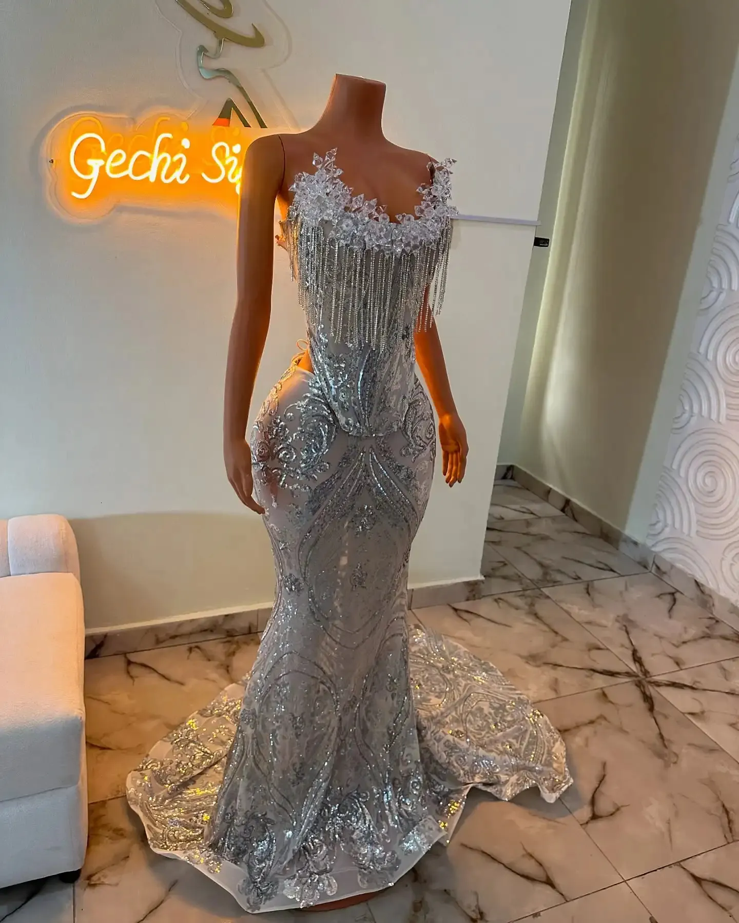 silver prom dresses 2025 Silver Halter Neck Ruffled Prom Dresses Shimmering Tulle Evening Dress 25078 Silver / Custom Size