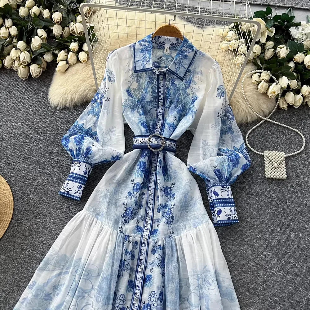 Chic Print Lantern Sleeve Floor-Length Chiffon Dress Pullover Closure Women  Fashion Autumn Spring from Dhgate Basic & Casual Dresses - price 88.04