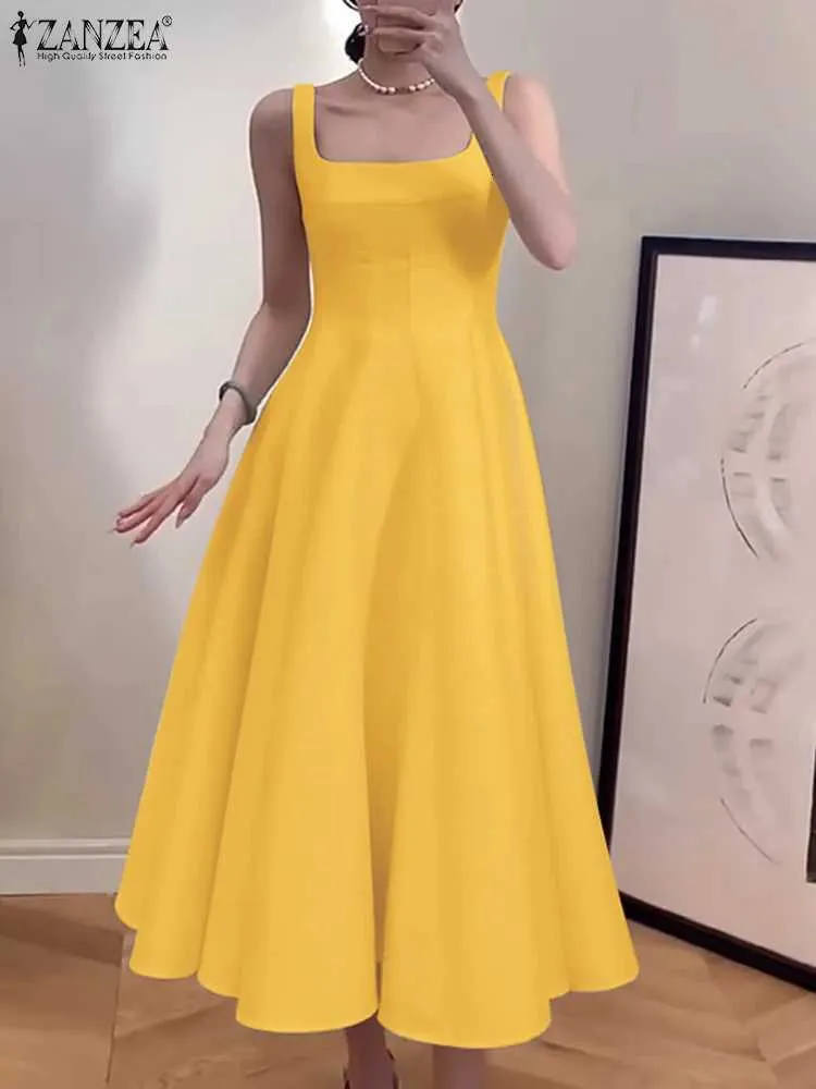 ZANZEA Vintage Solid floor length tank dress - Waisted, Slveless, Square Collar, Elegant Midi Robe for Women's Summer Party - X260326